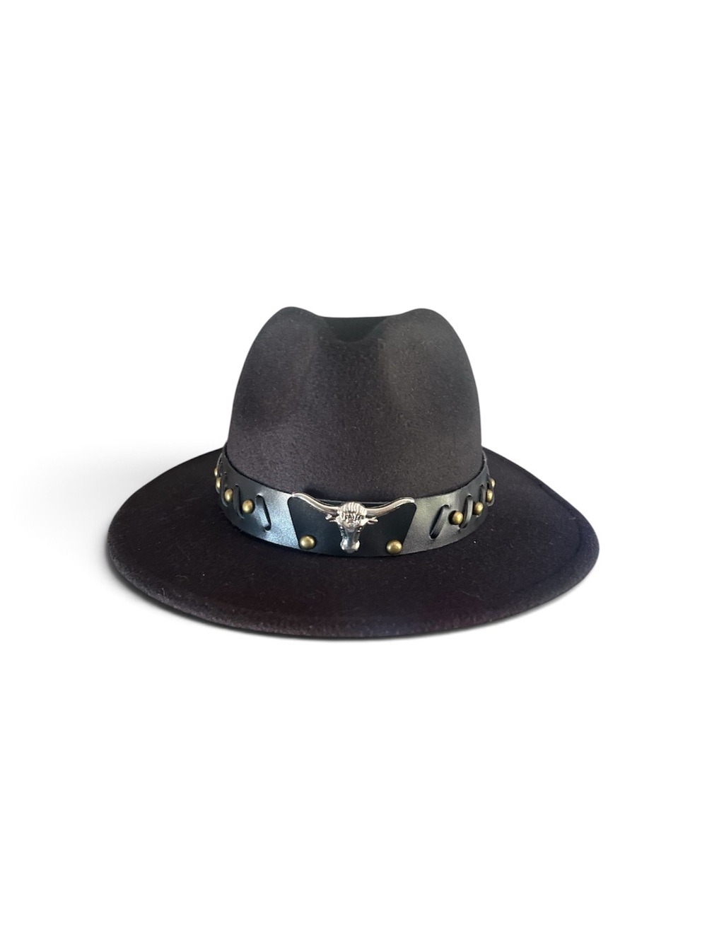 Womens Black Felt Western Fedora Hat with Studded Leather Band